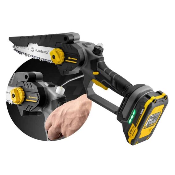 Mini drujba fara fir Humberg, motor fara perii, 2 baterii de 21V si 2Ah, 2 sine de ghidare de 6", lanturi, ungere automata, tensionare rapida, 21000 rpm, sistem de reglare a lantului-poza 10-Dacenergy.ro