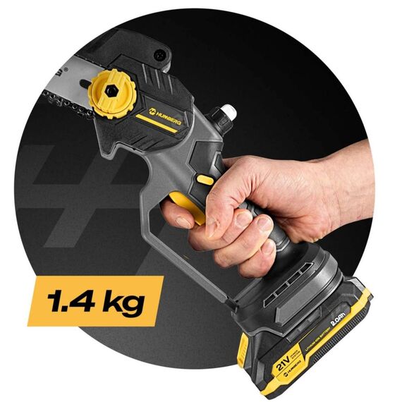 Mini drujba fara fir Humberg, motor fara perii, 2 baterii de 21V si 2Ah, 2 sine de ghidare de 6", lanturi, ungere automata, tensionare rapida, 21000 rpm, sistem de reglare a lantului-poza 12-Dacenergy.ro