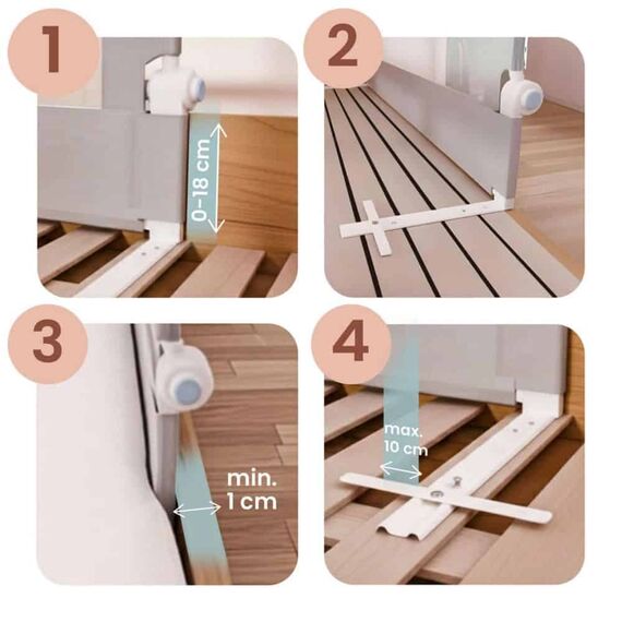 Bariera de protectie pat copii, cadru durabil din otel, plasa durabila si respirabila, 100% poliester, sistem de blocare, husa lavabila, 200 x 70-83 cm, gri-poza 3-Dacenergy.ro