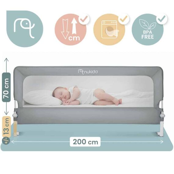 Bariera de protectie pat copii, cadru durabil din otel, plasa durabila si respirabila, 100% poliester, sistem de blocare, husa lavabila, 200 x 70-83 cm, gri-poza 4-Dacenergy.ro