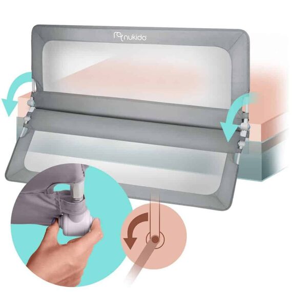 Bariera de protectie pat copii, cadru durabil din otel, plasa durabila si respirabila, 100% poliester, sistem de blocare, husa lavabila, 200 x 70-83 cm, gri-poza 7-Dacenergy.ro
