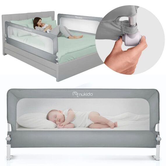 Bariera de protectie pat copii, cadru durabil din otel, plasa durabila si respirabila, 100% poliester, sistem de blocare, husa lavabila, 200 x 70-83 cm, gri-poza 8-Dacenergy.ro