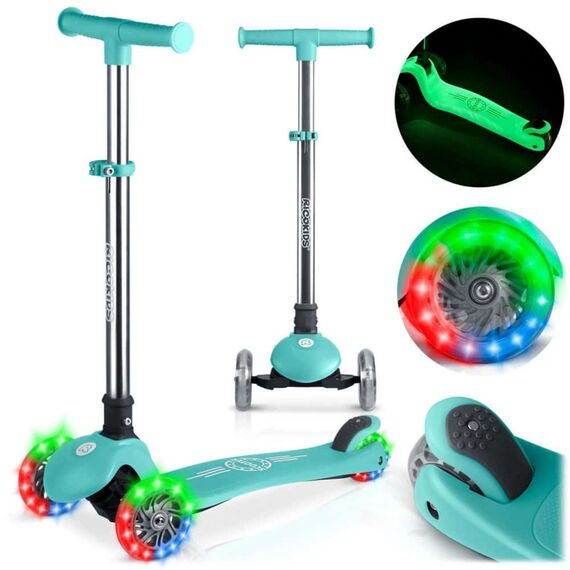 Trotineta de echilibru cu trei roti, material ghidon din aluminiu, inaltimea reglabila a ghidonului, iluminare LED, greutate maxima utilizator 50 kg, punte fluorescenta, turcoaz, Culoare: Turcoaz, Fosforescent-poza 3-Dacenergy.ro