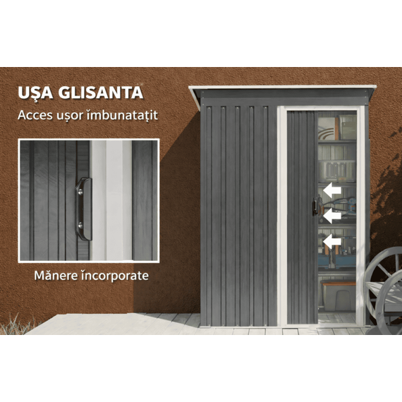 Magazie de gradina DacEnergy©, realizata din otel galvanizat si tabla de otel vopsita, 1 usa glisanta, 4 guri de ventilatie, 164 × 100 × 184 cm, Lungime: 164 cm-poza 2-Dacenergy.ro