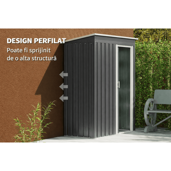 Magazie de gradina DacEnergy©, realizata din otel galvanizat si tabla de otel vopsita, 1 usa glisanta, 4 guri de ventilatie, 164 × 100 × 184 cm, Lungime: 164 cm-poza 4-Dacenergy.ro