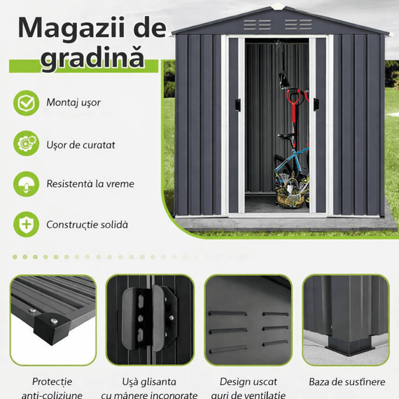 Magazie de gradina DacEnergy©, realizata din otel galvanizat si tabla de otel vopsita, 2 usi glisante, 4 guri de ventilatie pentru circulatia aerului, 249 x 185 x 194 cm, Lungime: 249 cm-poza 5-Dacenergy.ro
