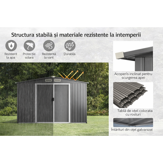 Magazie de gradina DacEnergy©, realizata din otel galvanizat si tabla de otel vopsita, 2 usi glisante, 4 guri de ventilatie pentru circulatia aerului, 312 x 312 x 194 cm, Lungime: 312 cm-poza 3-Dacenergy.ro