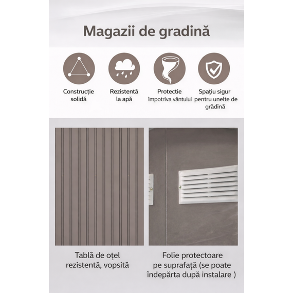 Magazie de gradina DacEnergy©, realizata din otel galvanizat si tabla de otel vopsita, 2 usi glisante, 4 guri de ventilatie pentru circulatia aerului, 312 x 312 x 194 cm, Lungime: 312 cm-poza 4-Dacenergy.ro