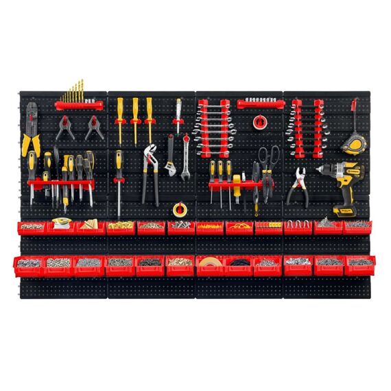 Tabla de scule pentru atelier, 12 cuve mici, 12 cuve mari, 4 rafturi, 6 suporturi si carlige, 2 seturi de suporturi pentru chei, design modular, 128 x 76 cm, Culoare: Rosu,  Negru, Lungime: 128 cm-poza 8-Dacenergy.ro