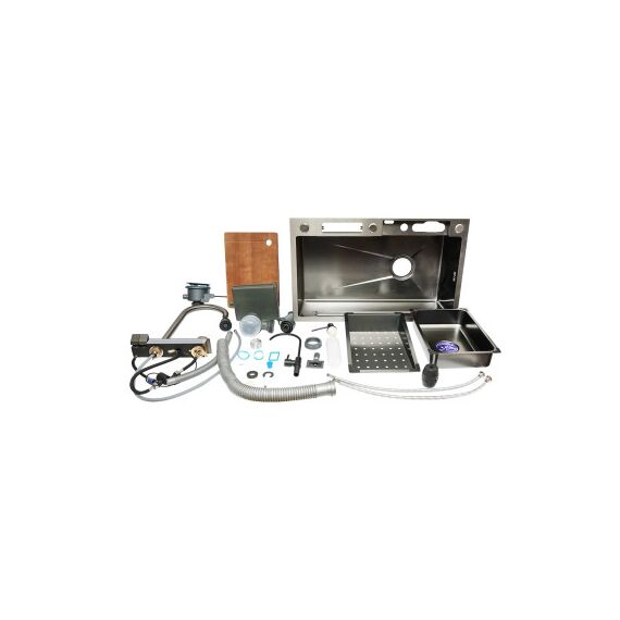 Chiuveta bucatarie multifunctionala cu doua baterii, otel inoxidabil, afisaj digital temperatura, doua cascade, spalator pahare, scurgator, tava, tocator si accesorii scurgere incluse, 75x46x23.5cm Cod: DISMT03-poza 8-Dacenergy.ro