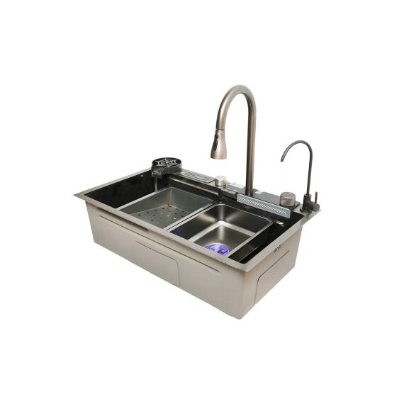 Chiuveta bucatarie multifunctionala cu doua baterii, otel inoxidabil, afisaj digital temperatura, doua cascade, spalator pahare, scurgator, tava, tocator si accesorii scurgere incluse, 75x46x23.5cm Cod: DISMT03-poza 2-Dacenergy.ro