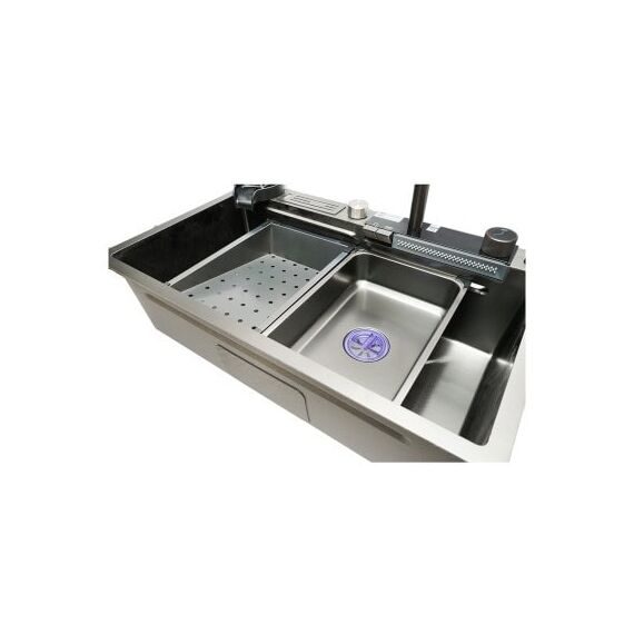 Chiuveta bucatarie multifunctionala cu doua baterii, otel inoxidabil, afisaj digital temperatura, doua cascade, spalator pahare, scurgator, tava, tocator si accesorii scurgere incluse, 75x46x23.5cm Cod: DISMT03-poza 4-Dacenergy.ro