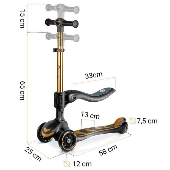 Trotineta de echilibru cu trei roti, material ghidon din aluminiu, inaltimea reglabila a ghidonului, iluminare LED colorata a rotilor, cu scaun de echilibru, greutate maxima utilizator 50 kg, auriu, Culoare: Auriu, Negru-poza 4-Dacenergy.ro