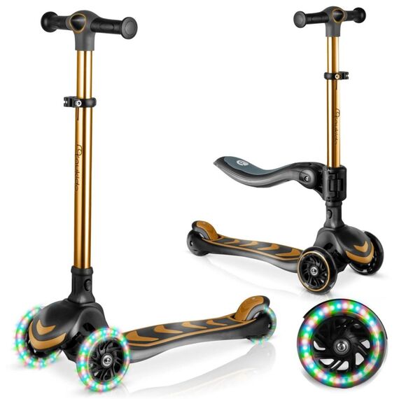 Trotineta de echilibru cu trei roti, material ghidon din aluminiu, inaltimea reglabila a ghidonului, iluminare LED colorata a rotilor, cu scaun de echilibru, greutate maxima utilizator 50 kg, auriu, Culoare: Auriu, Negru-poza 5-Dacenergy.ro