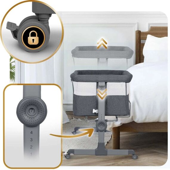Patut bebelusi, material detasabil, pliabil, 4 roti cu frana, sarcina maxima 9 kg, intrare laterala detasabila, reglare pe 7 niveluri, saltea cu husa detasabila, gri antracit, Culoare: Gri antracit-poza 3-Dacenergy.ro