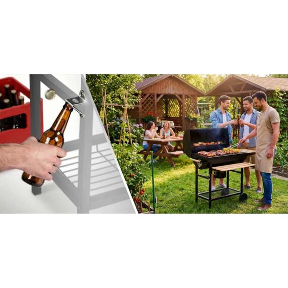 Gratar de gradina cu carbune, constructia robusta, tip butoi, maner din lemn, rafturi laterale pliabile, roti mobile, gratar din fonta, 70 x 35 cm, negru-poza 2-Dacenergy.ro