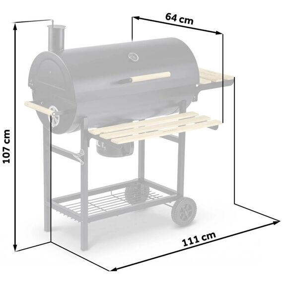 Gratar de gradina cu carbune, constructia robusta, tip butoi, maner din lemn, rafturi laterale pliabile, roti mobile, gratar din fonta, 70 x 35 cm, negru-poza 3-Dacenergy.ro