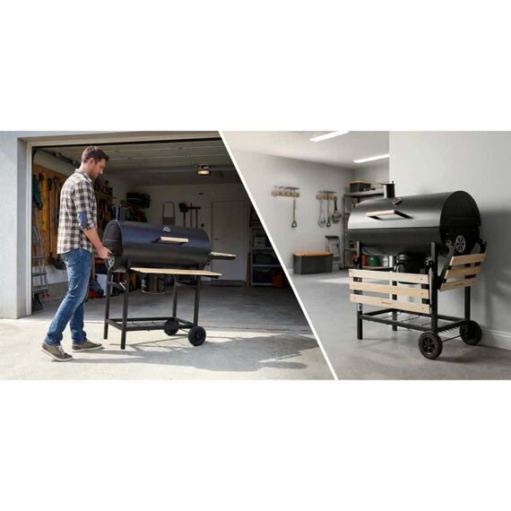 Gratar de gradina cu carbune, constructia robusta, tip butoi, maner din lemn, rafturi laterale pliabile, roti mobile, gratar din fonta, 70 x 35 cm, negru-poza 4-Dacenergy.ro