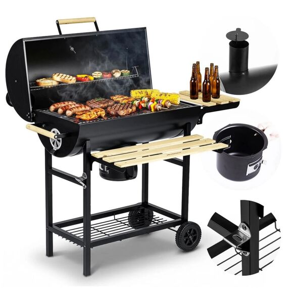 Gratar de gradina cu carbune, constructia robusta, tip butoi, maner din lemn, rafturi laterale pliabile, roti mobile, gratar din fonta, 70 x 35 cm, negru-poza 5-Dacenergy.ro