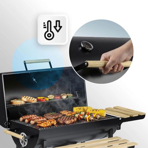 Gratar de gradina cu carbune, constructia robusta, tip butoi, maner din lemn, rafturi laterale pliabile, roti mobile, gratar din fonta, 70 x 35 cm, negru-poza 6-Dacenergy.ro