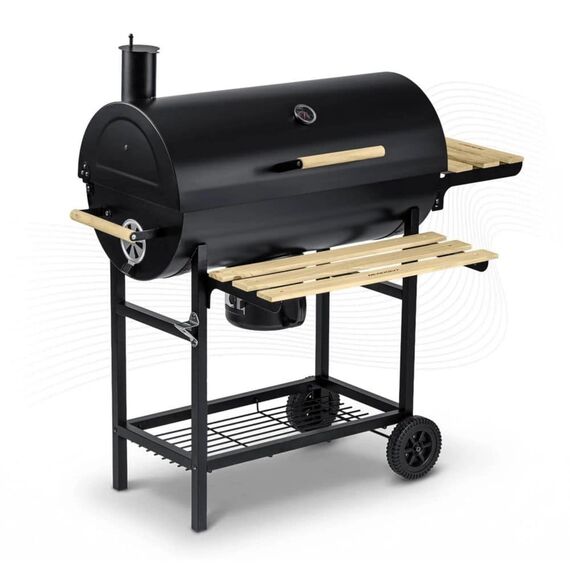 Gratar de gradina cu carbune, constructia robusta, tip butoi, maner din lemn, rafturi laterale pliabile, roti mobile, gratar din fonta, 70 x 35 cm, negru-Dacenergy.ro