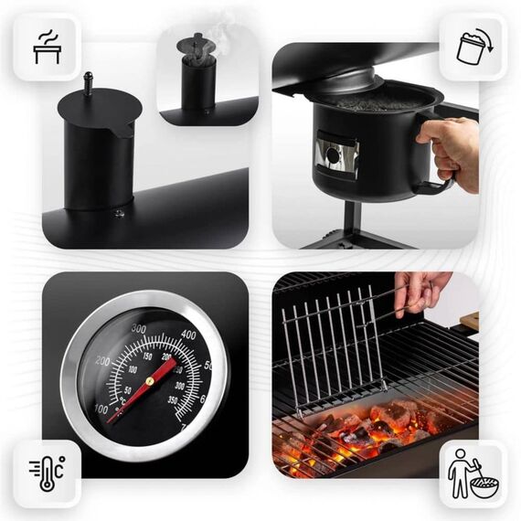 Gratar de gradina cu carbune, constructia robusta, tip butoi, maner din lemn, rafturi laterale pliabile, roti mobile, gratar din fonta, 70 x 35 cm, negru-poza 8-Dacenergy.ro