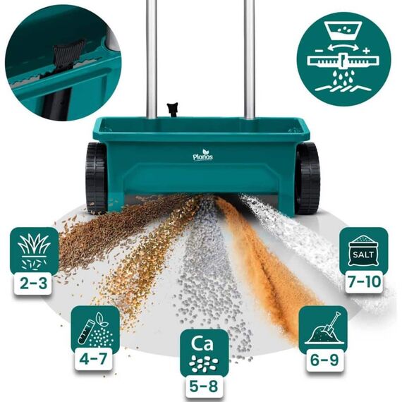 Semanatoare manuala de gradina, realizata din plastic, reglare a granulelor pe 10 niveluri, roti mari, 12 litri, capacitate maxima de incarcare 10 kg, verde-poza 2-Dacenergy.ro
