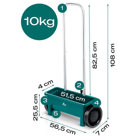 Semanatoare manuala de gradina, realizata din plastic, reglare a granulelor pe 10 niveluri, roti mari, 12 litri, capacitate maxima de incarcare 10 kg, verde-poza 4-Dacenergy.ro