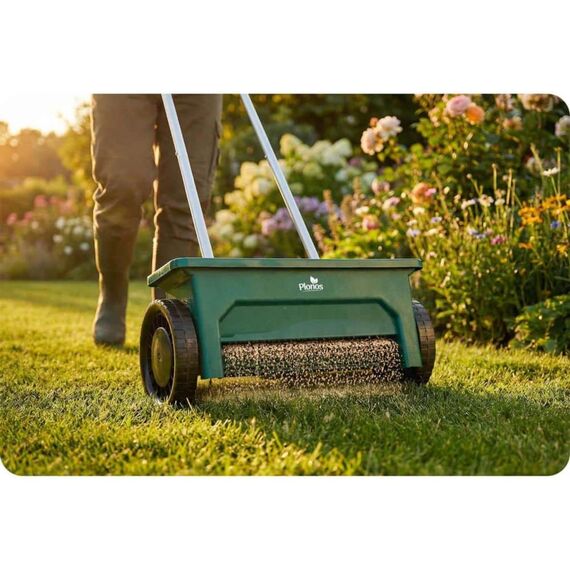 Semanatoare manuala de gradina, realizata din plastic, reglare a granulelor pe 10 niveluri, roti mari, 12 litri, capacitate maxima de incarcare 10 kg, verde-poza 8-Dacenergy.ro