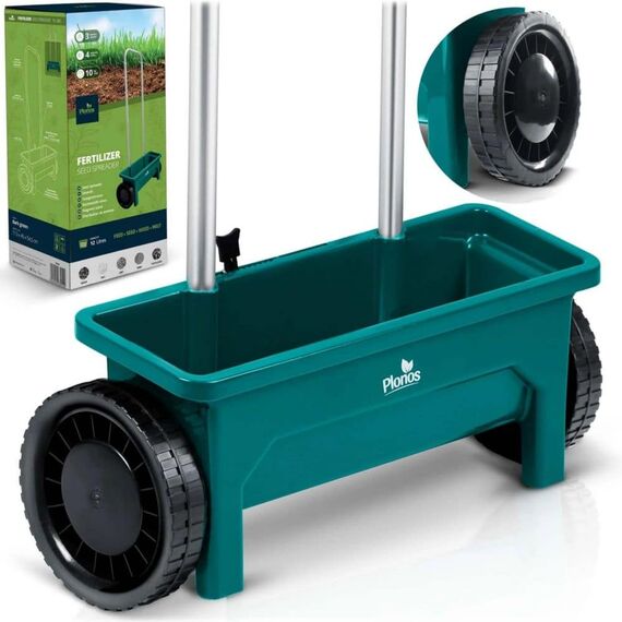 Semanatoare manuala de gradina, realizata din plastic, reglare a granulelor pe 10 niveluri, roti mari, 12 litri, capacitate maxima de incarcare 10 kg, verde-poza 10-Dacenergy.ro