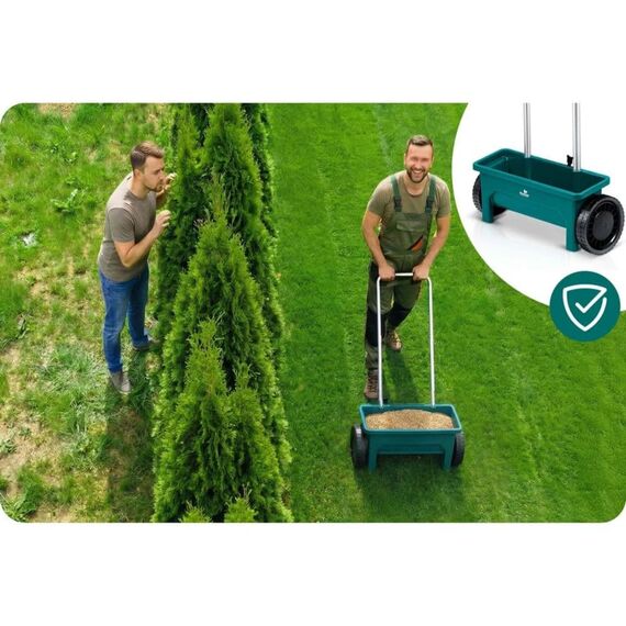 Semanatoare manuala de gradina, realizata din plastic, reglare a granulelor pe 10 niveluri, roti mari, 12 litri, capacitate maxima de incarcare 10 kg, verde-poza 11-Dacenergy.ro