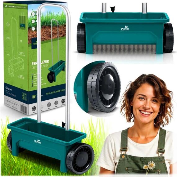 Semanatoare manuala de gradina, realizata din plastic, reglare a granulelor pe 10 niveluri, roti mari, 12 litri, capacitate maxima de incarcare 10 kg, verde-poza 12-Dacenergy.ro