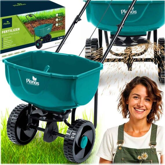 Semanatoare manuala de gradina, realizata din plastic, latime de semanat pana la 3 m, reglare a granulelor pe 10 niveluri, roti mari, capacitate maxima de incarcare 27 kg, verde-poza 2-Dacenergy.ro
