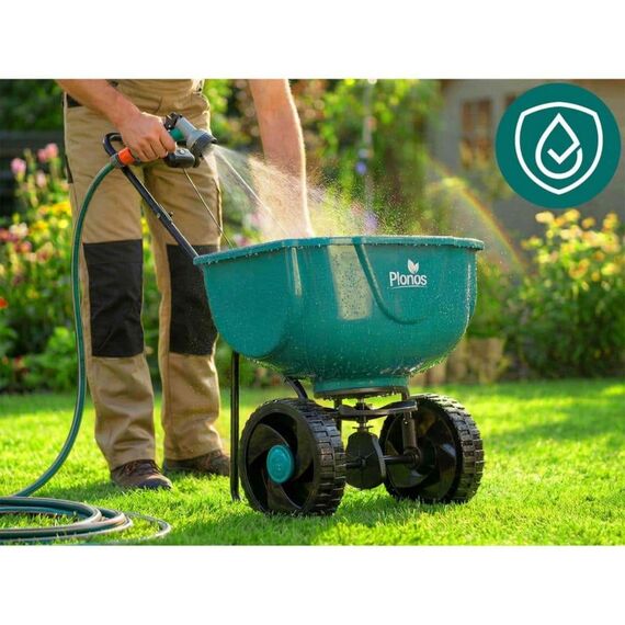 Semanatoare manuala de gradina, realizata din plastic, latime de semanat pana la 3 m, reglare a granulelor pe 10 niveluri, roti mari, capacitate maxima de incarcare 27 kg, verde-poza 12-Dacenergy.ro