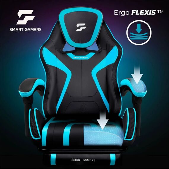 Scaun de gaming, suport extensibil pentru picioare, functie de inclinare a spatarului, reglare a inaltimii, ergonomie, inaltime totala maxima 121 cm, negru si albastru, Culoare: Negru, Albastru-poza 2-Dacenergy.ro