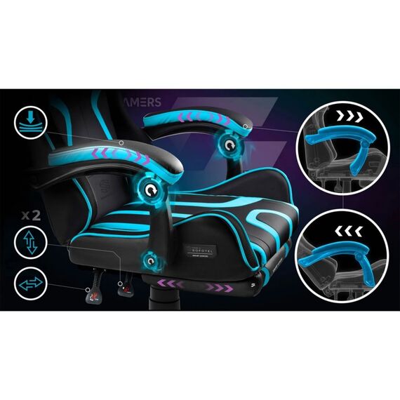 Scaun de gaming, suport extensibil pentru picioare, functie de inclinare a spatarului, reglare a inaltimii, ergonomie, inaltime totala maxima 121 cm, negru si albastru, Culoare: Negru, Albastru-poza 3-Dacenergy.ro