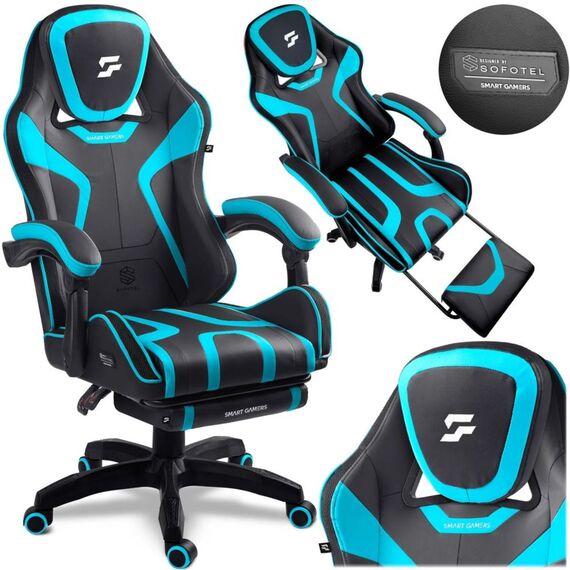 Scaun de gaming, suport extensibil pentru picioare, functie de inclinare a spatarului, reglare a inaltimii, ergonomie, inaltime totala maxima 121 cm, negru si albastru, Culoare: Negru, Albastru-poza 7-Dacenergy.ro