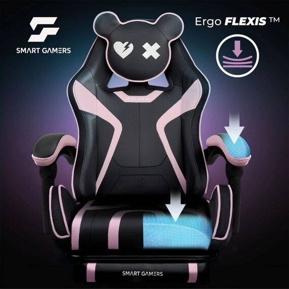 Scaun de gaming, suport extensibil pentru picioare, functie de inclinare a spatarului, reglare a inaltimii, ergonomie, inaltime totala maxima 121 cm, negru si roz, Culoare: Negru, Roz-poza 4-Dacenergy.ro