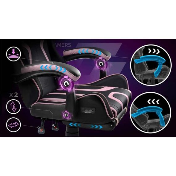 Scaun de gaming, suport extensibil pentru picioare, functie de inclinare a spatarului, reglare a inaltimii, ergonomie, inaltime totala maxima 121 cm, negru si roz, Culoare: Negru, Roz-poza 5-Dacenergy.ro