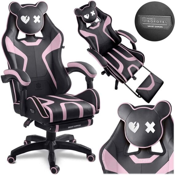 Scaun de gaming, suport extensibil pentru picioare, functie de inclinare a spatarului, reglare a inaltimii, ergonomie, inaltime totala maxima 121 cm, negru si roz, Culoare: Negru, Roz-poza 6-Dacenergy.ro