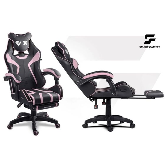 Scaun de gaming, suport extensibil pentru picioare, functie de inclinare a spatarului, reglare a inaltimii, ergonomie, inaltime totala maxima 121 cm, negru si roz, Culoare: Negru, Roz-poza 7-Dacenergy.ro