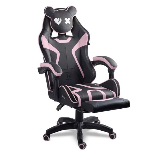 Scaun de gaming, suport extensibil pentru picioare, functie de inclinare a spatarului, reglare a inaltimii, ergonomie, inaltime totala maxima 121 cm, negru si roz, Culoare: Negru, Roz-Dacenergy.ro