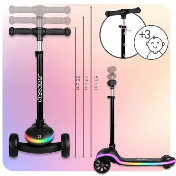 Trotineta de echilibru cu trei roti, ghidon din metal, platformă iluminata cu LED-uri, cu 20 de moduri, inaltimea ghidonului este reglabila, 65–81 cm, usor de pliat, frana de picior, neagra mata, Culoare: Negru deschis-poza 2-Dacenergy.ro