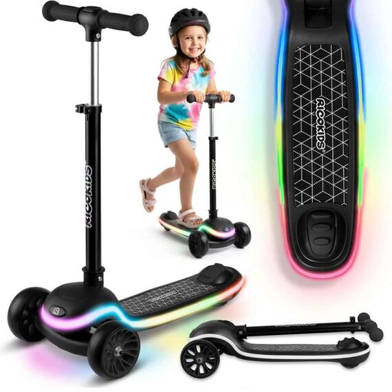 Trotineta de echilibru cu trei roti, ghidon din metal, platformă iluminata cu LED-uri, cu 20 de moduri, inaltimea ghidonului este reglabila, 65–81 cm, usor de pliat, frana de picior, neagra mata, Culoare: Negru deschis-poza 3-Dacenergy.ro