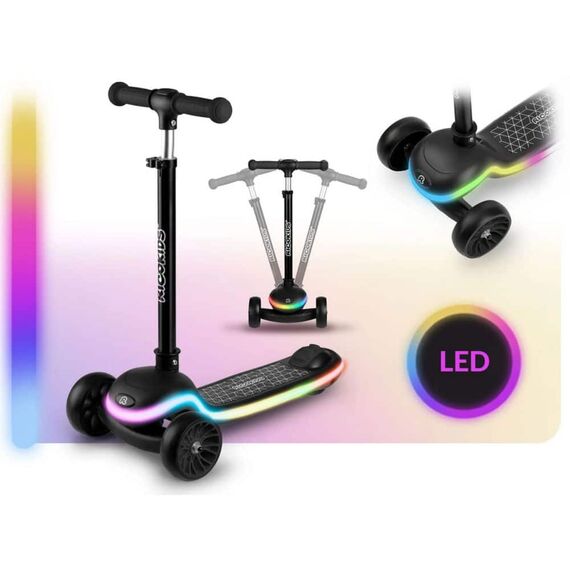 Trotineta de echilibru cu trei roti, ghidon din metal, platformă iluminata cu LED-uri, cu 20 de moduri, inaltimea ghidonului este reglabila, 65–81 cm, usor de pliat, frana de picior, neagra mata, Culoare: Negru deschis-poza 4-Dacenergy.ro