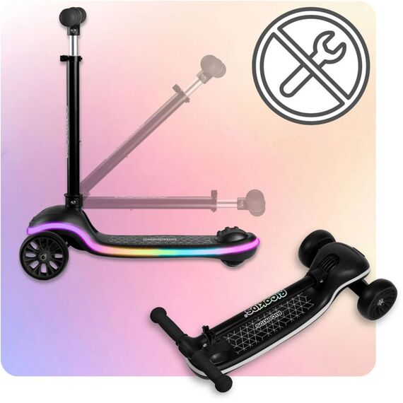 Trotineta de echilibru cu trei roti, ghidon din metal, platformă iluminata cu LED-uri, cu 20 de moduri, inaltimea ghidonului este reglabila, 65–81 cm, usor de pliat, frana de picior, neagra mata, Culoare: Negru deschis-poza 8-Dacenergy.ro