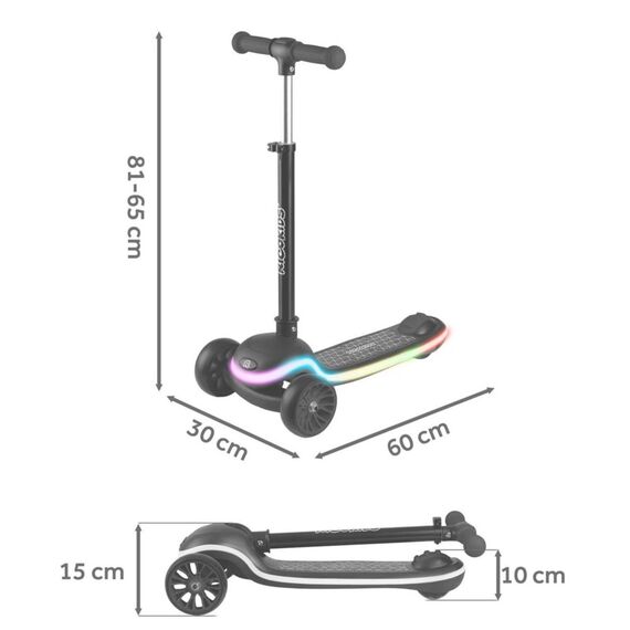 Trotineta de echilibru cu trei roti, ghidon din metal, platformă iluminata cu LED-uri, cu 20 de moduri, inaltimea ghidonului este reglabila, 65–81 cm, usor de pliat, frana de picior, neagra mata, Culoare: Negru deschis-poza 9-Dacenergy.ro