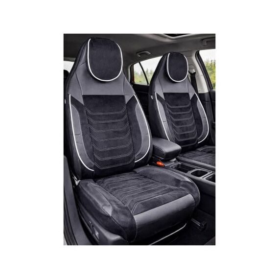Huse scaune auto universale fractionate Premium cu tetiera fata incorporata negru cu cusatura alba Cod: HNG-C509-1-Dacenergy.ro