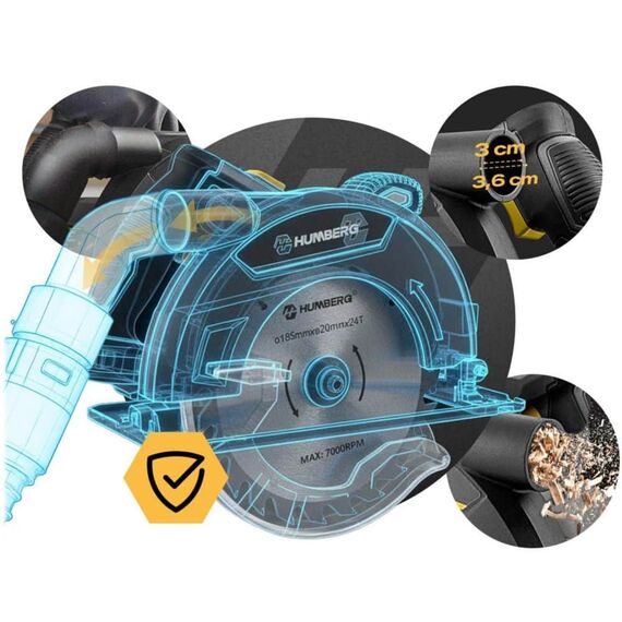 Ferastrau circular, constructie solida, motor eficient, 2500-5500 rpm, reglarea unghiului de taiere, extragerea prafului, ghidaj paralel, 24 dinti taietori, 1200 W-poza 9-Dacenergy.ro