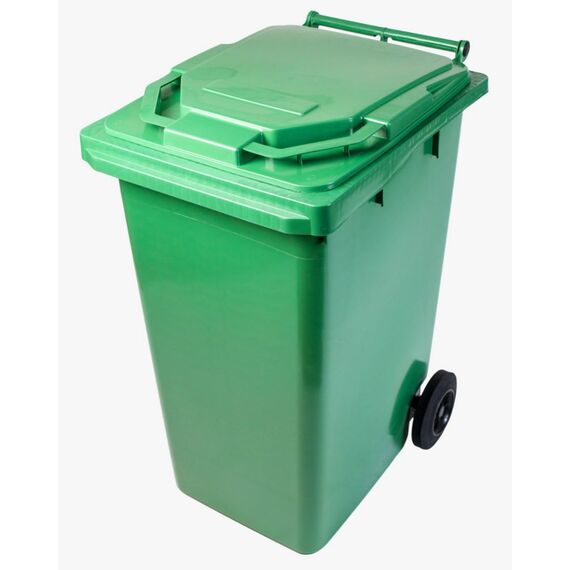 Pubela mobila DacEnergy©, construita din plastic, cu roti, rezistent la actiunea razelor ultraviolete, frig, caldura, capac plat cu deschidere la 270 grade, 240 L, 736 x 579 x 1030 mm, verde-Dacenergy.ro